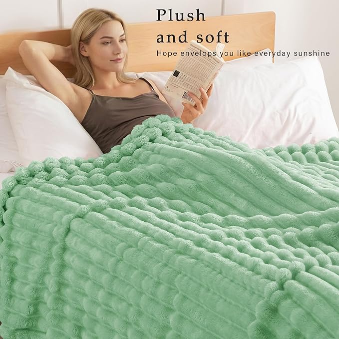 Exclusivo Mezcla King Size Flannel Fleece Blanket, Super Soft Striped Jacquard Bed Blanket, Lightweight Fuzzy Cozy for All Seasons, 90x104 Inches, Sage Green