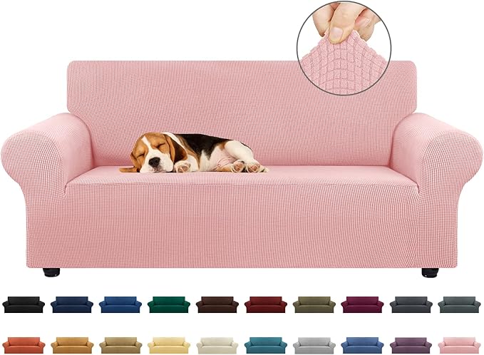 KEKUOU Stretch Loveseat Sofa Cover Slipcover,Couch Covers for 2 Cushion Couch Sofa (55"-78") Furniture Protector Sofa with Elastic Bottom for Kids,Dog. Jacquard Small Checked (Medium,Dusty Pink)
