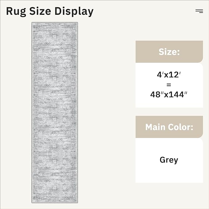 Soalmost 4x12 Wide Hallway Runners: Washable 12ft Runner Rug for Entryway Living Room Soft Vintage Non Slip Carpet Runner for Kitchen Dining Room Nursery Bedroom (Grey, 4x12ft)