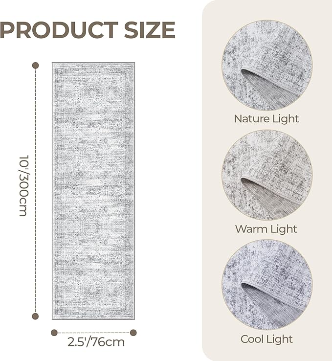 Kitchen Runner Rugs Non Skid Washable - 2.5 x 10 Runner Rug with Anti Slip Backing, Ultra-Thin Soft Rug Runner for Hallway, Bedroom, Living Room (2.5'x10', Grey/Ivory)