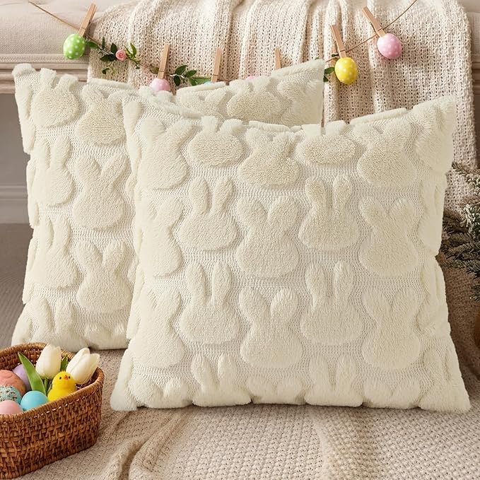 decorUhome Easter Bunny Pillow Covers 18x18 Inch Set of 2, Soft Plush Faux Wool Jacquard Beige Rabbit Cushion Covers, Farmhouse Neutral Spring Easter Holiday Decor for Couch Sofa Bed
