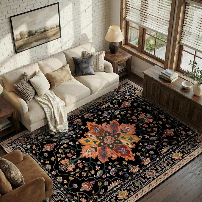 Area Rugs 5'x7' Washable Non-Slip, Floral Vintage Distress Print Pattern Medallion Carpet for Living Room Bedroom Dining Room, Black Colorful Floral Dark Tan