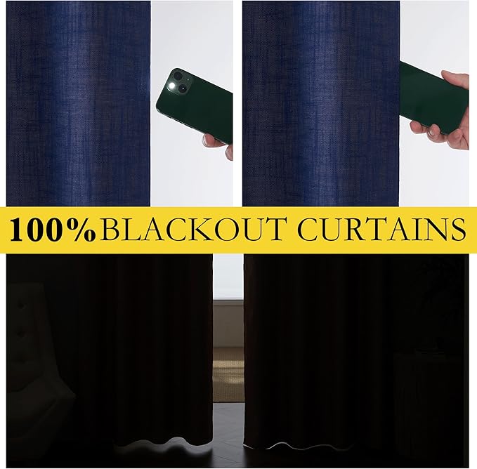 NICETOWN Vintage Open Linen Weave Flax Thermal Curtains, 100% Blackout Curtains 90" Long for Dining Room, Soundproof Window Treatment Drapes for Hall Room, Black, 42" Wide Per Panel, Set of 2