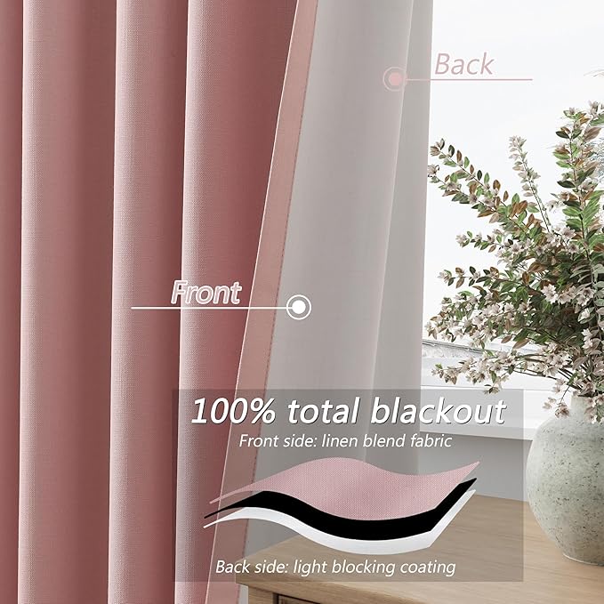 Guken Pink 100% Blackout Linen Curtains 108 Inch 2 Panels Set for Girl's Bedroom, Living Room, Nursery, Back Tab/Rod Pocket Thermal Insulated Black Out Drapes Room Darkening Farmhouse Window Curtains