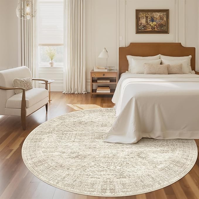 6x6 Beige Round Rug 6ft Living Room Circle Rug Vintage Round Area Rug Non Slip Indoor Carpet for Dining Room Bedroom