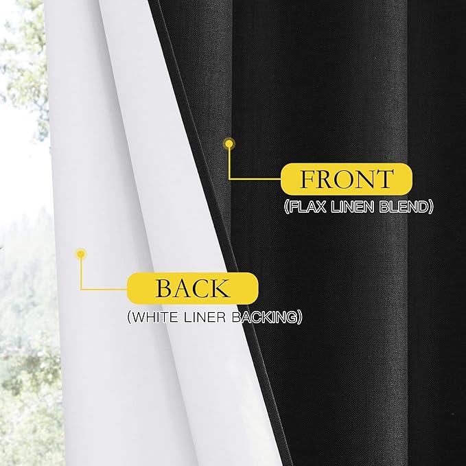 NICETOWN Vintage Open Linen Weave Flax Thermal Curtains, 100% Blackout Curtains 63 inches Long for Dining Room, Soundproof Window Treatment Drapes for Cupboard, Black, 42" Wide Per Panel, Set of 2
