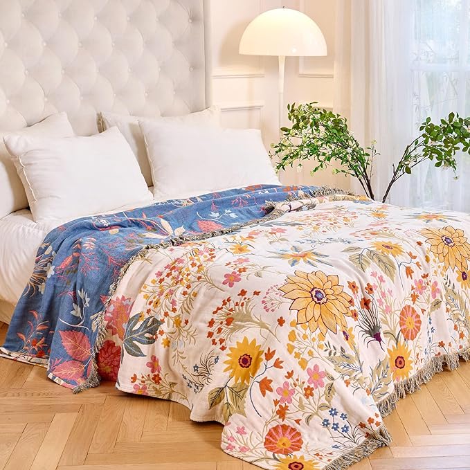 MSGKV Boho Throw Blanket for Couch Chair 100% Cotton Floral Blanket 50"x60" Sofa Blankets Lightweight Farmhouse Muslin Spring Breathable Bed Blankets Home Decor All Seasons