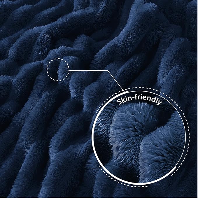 Exclusivo Mezcla California King Size Flannel Fleece Blanket, Super Soft Striped Jacquard Bed Oversized Blanket, Lightweight Fuzzy Cozy for All Seasons, 120x120 Inches, Navy Blue