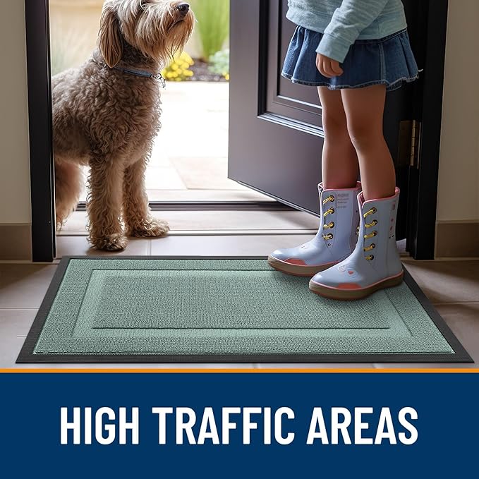 OLANLY Front Door Mat Indoor Outdoor Entrance, Waterproof All-Season, All-Weather Doormat, Sturdy Natural Rubber, Low Profile, Easy Clean Patio Porch Entryway Mat, 47x23, Grayish Green