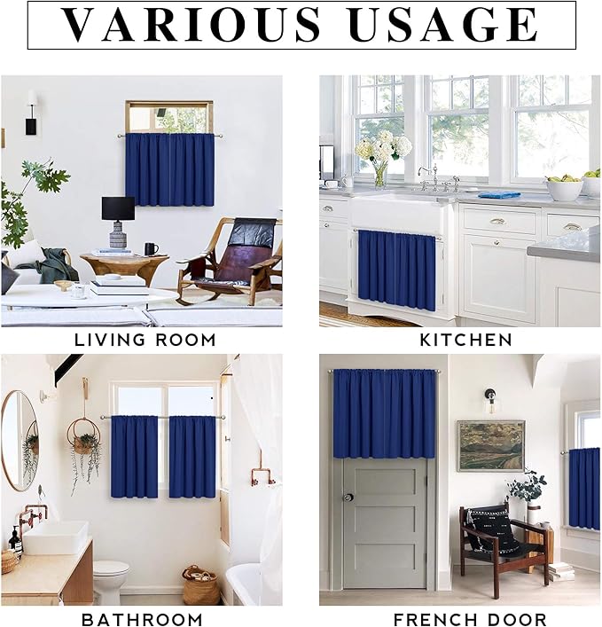 RYB HOME Half Curtain Tiers 36 inch Length, Rod Pocket Summer Heat Blocking Thermal Insulated Short Blackout Curtains for Small Window, Width 34 by Length 36, Marine Blue, 2 Panels