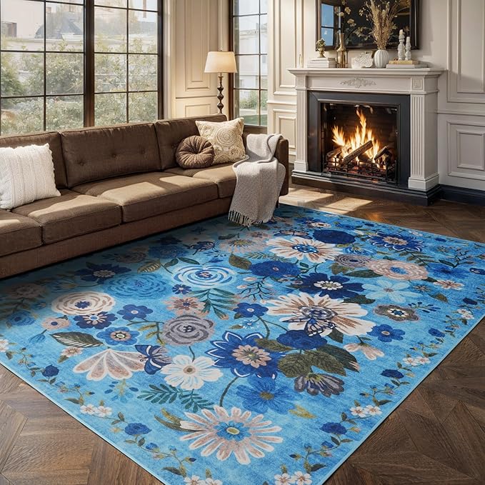 Washable Area Rug 8x10, Large Soft Rugs for Living Room Floral Blue Carpet 8x10 Area Rugs for Bedroom Dining Room Non-Slip Stain Resistant Under Table Rug (8 x 10, Blue Lawn)