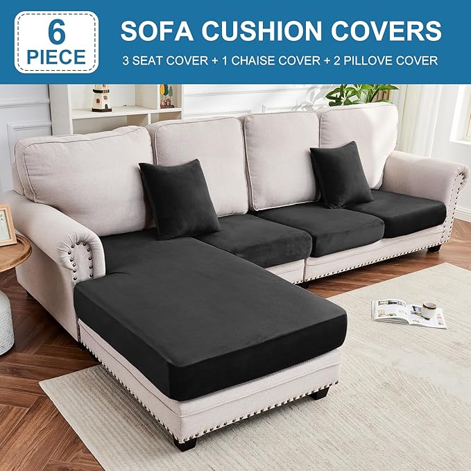 Couch Cover 4-Piece Elastic Velvet Couch Cushion Covers & Chaise Slipcovers for L-Shaped Sofas, Sofa Seat Covers Washable, Soft Cover for Couches (3 Seater + Chaise, Black)