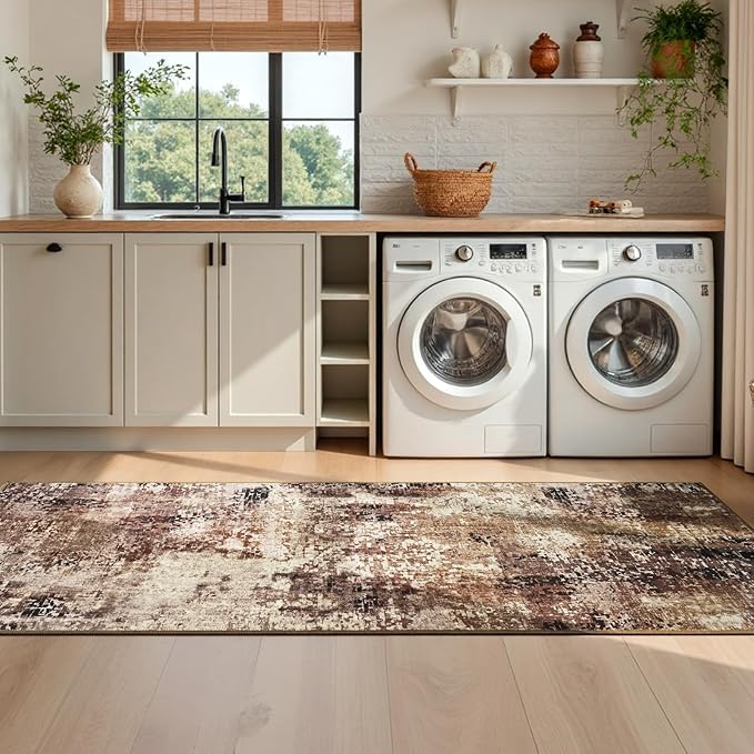 2x6 Brown Rug Runners for Hallways Kitchen Runner Rug Non Slip Washable Coffee Long Runner Rugs with Rubber Backing Soft Abstract Carpet Runner for Bedroom, Kitchen, Bathroom, Entryway