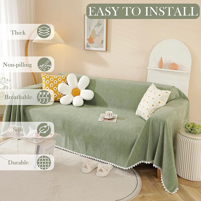 HANDONTIME Couch Cover, Sofa Covers, Sage Couch Cushion Cover Dog Furniture Protector for Living Room Chenille Couch Throw Cover Soft Thick Machine Washable Throw Blankets Sofa Slipcovers, 71" X134"