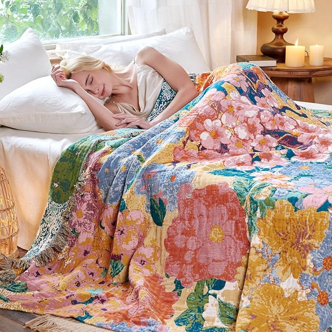 MSGKV Boho Throw Blanket for Couch 50"x60" Cotton Floral Blankets for Sofa Chair Spring Breathable Farmhouse Home Decor All Seasons Lightweight Muslin