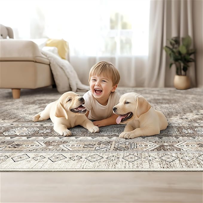 3x5 Washable Area Rug for Entryway, Kitchen Rugs Non Slip for Dining Room, Vintage Floral Soft Living Room Rug, Thin Area Rug Indoor for Bedroom, Kids Room Decor(Brown,3'x5')