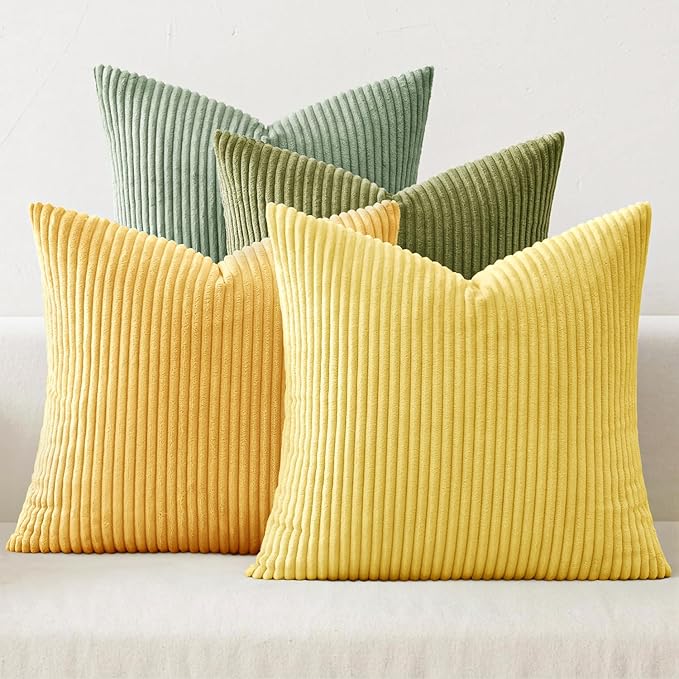 MIULEE Boho Farmhouse Yellow Green Throw Pillow Covers 18x18 Inch Set of 4 Mordern Nordic Cushion Covers Soft Corduroy Spring Home Decor for Couch Bed Sofa Living Room