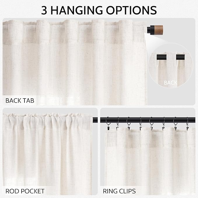 Ivory White Curtains 96 Inches Long 2 Panels for Bedroom Living Room Back Tab Semi Sheer Linen Curtain Modern Farmhouse Coastal Decor 96 inch for Patio Sliding Door Office 52X96