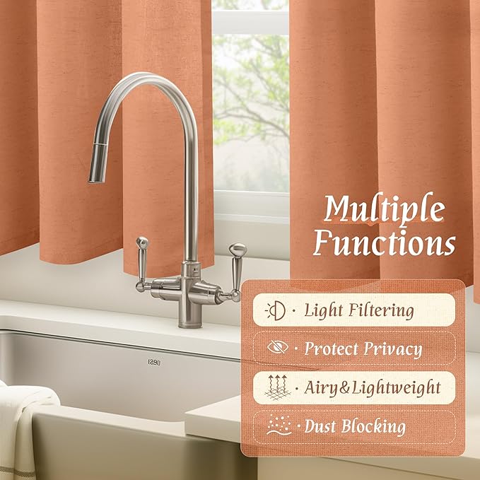 LAMIT Terracotta 48 Inch Linen Curtains for Cafe 2 Panels, Linen Textured Light Filtering Panels Rod Pocket Neutral Privacy Drapes for Small Window/Loft Room, 42 x 48 Inch