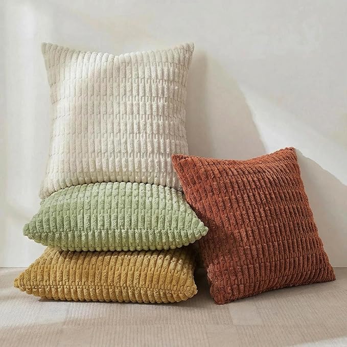 Fancy Homi 4 Packs Boho Fall Decorative Throw Pillow Covers 18x18 Inch for Living Room Couch Bed Sofa, Rustic Farmhouse Home Decor, Soft Plush Striped Corduroy Square Cushion Case 45x45 cm