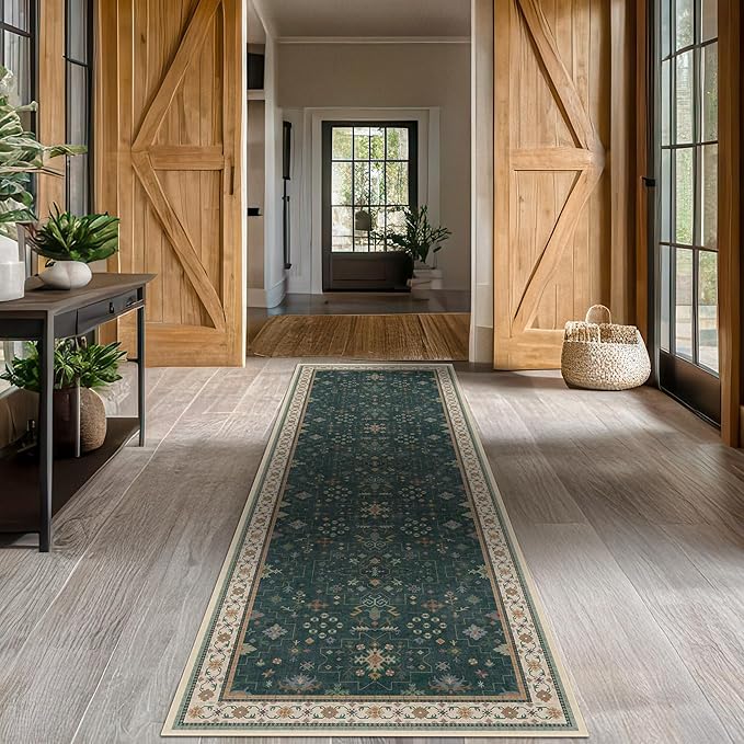 Hazo Haus Dark Green Hallway Runner Rug 12 ft Long - Modern Vintage Boho Eclectic Floral with Brown Accent, Washable Low Pile Non-Slip Extra Long Wide Runner Rugs for Kitchen, 3x12