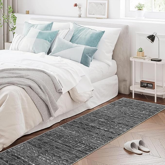Moroccan 2'6"x8' Hallway Runner Rug - Kitchen Rugs Washable Bedroom Floor Carpet Non-Slip Living Room Rug Rubber Backing Mat Low Pile 2'6"x8' Black