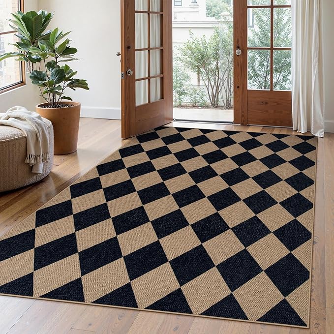Lahome Colette Checkered Easy Jute Outdoor Rug, 5x7 Area Rugs for Living Room Nature Large Dining Room Carpet, Farmhouse Outdoor Patio Non Slip Diamond Carpet for Home Office Bedroom Backyard Deck