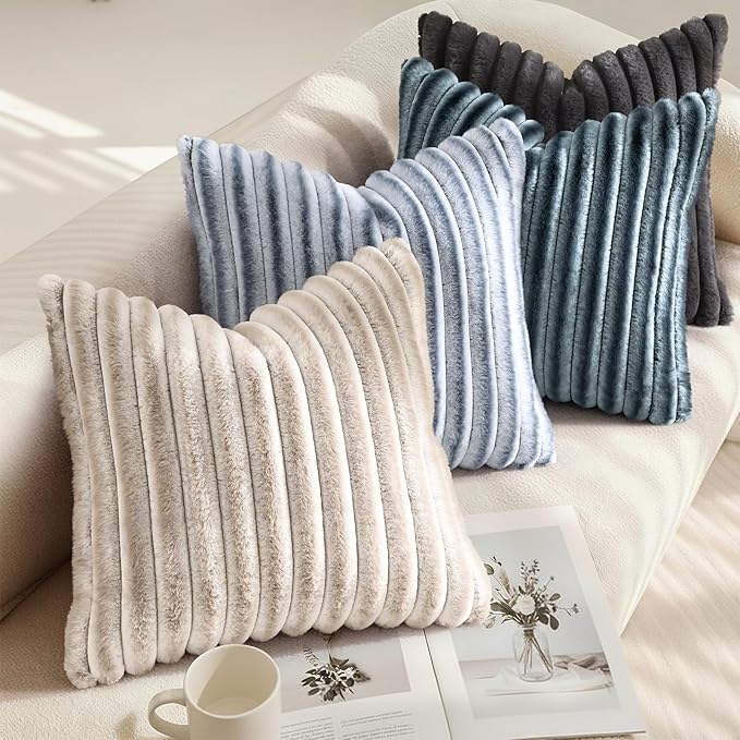 decorUhome Cozy Faux Fur Throw Pillow Covers 16x16 Set of 2 Decorative Soft Plush Striped Modern Farmhouse Boho Couch Pillow Cases with Velvet Back for Sofa Bed Living Room, Blue Grey