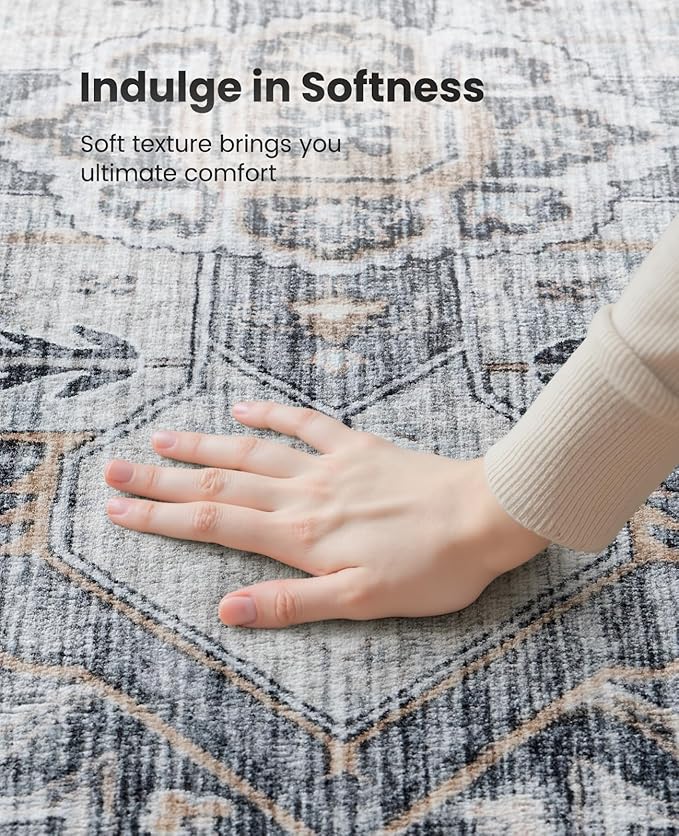 AMADA HOMEFURNISHING 9x12 Washable Area Rug, Low-Profile Large Area Rug with Non-Slip Backing & Durable Edge Binding, Vintage Large Rugs for Living Room, Bedroom & Dining Room