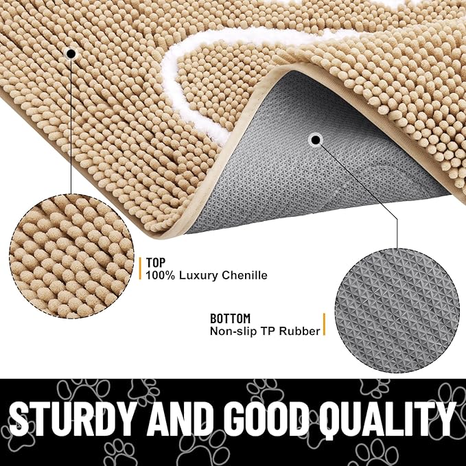 Smiry Dog Door Mat for Muddy Paws, Absorbent Dirt Trapper Non Slip Quick Dry Washable Chenille Mat for Mud Dogs, Entry Rug for Indoor and Outdoor (44x24 Inches, Beige and White)