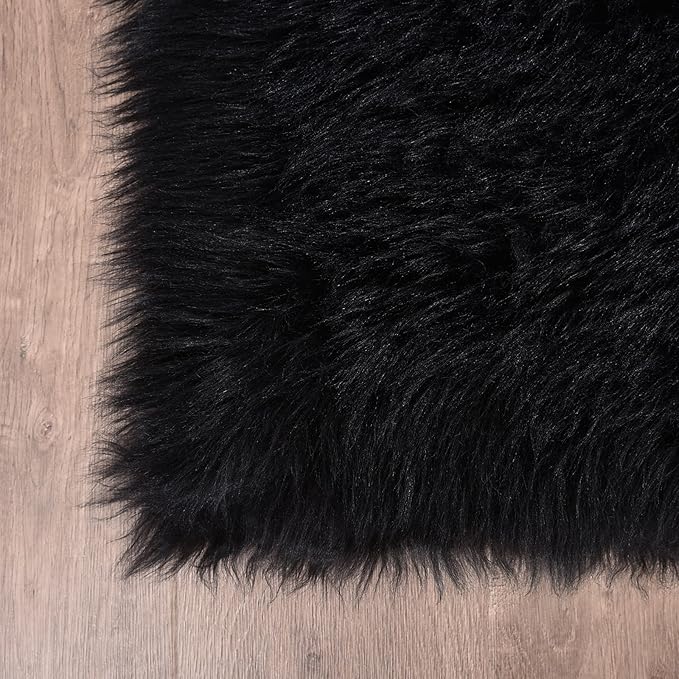 Goolela Black Sheepskin Rug 3x5 for Bedroom Black Fluffy Faux Fur Rug Furry Shag Plush Soft Bedside Dorm Décor Rectangle