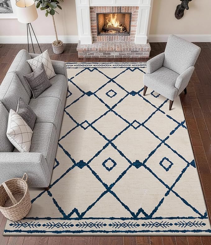 YIHOUSE Boho Rugs for Living Room, 6x9 Western Beige and Blue Area Rug, Moroccan Geometric Soft Low-Pile Washable Rugs for Bedroom, Dining Room