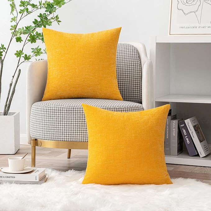MIULEE Pack of 2 Couch Throw Pillow Covers 20x20 Inch Soft Goose Yellow Chenille Pillow Covers for Sofa Living Room Spring Home Decor Couch Solid Dyed Cases