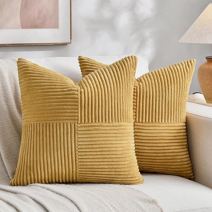 Fancy Homi 2 Packs Mustard Yellow Decorative Throw Pillow Covers 22x22 Inch for Living Room Couch Bed Sofa, Farmhouse Boho Home Decor, Soft Corss Corduroy Patchwork Accent Square Cushion Case 55x55 cm