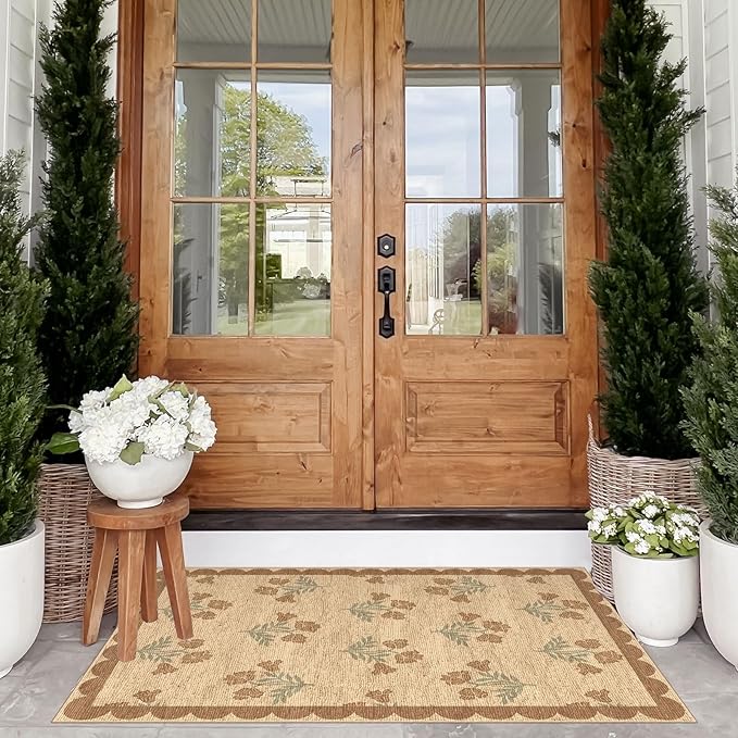 Floral Outdoor Rug - 28" x 43" Front Door Mat Indoor Outside Entrance Non-Slip Washable Outdoor Mat Jute-Look Tan Scalloped Rug for Entryway Kitchen Mudroom Layered Doormat for Front Porch