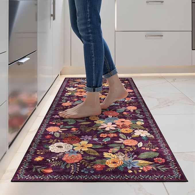 2x5 Entryway Runner Rugs, Non Slip Washable Rugs with Rubber Backing Soft Floral Carpet Runner for Kitchen, Laundry, Bedroom, Bathroom(2 x 5, Purple)