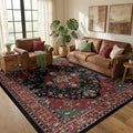 Area Rugs 5'x7' Washable Non-Slip, Floral Vintage Distress Print Pattern Medallion Carpet for Living Room Bedroom Dining Room, Red Black