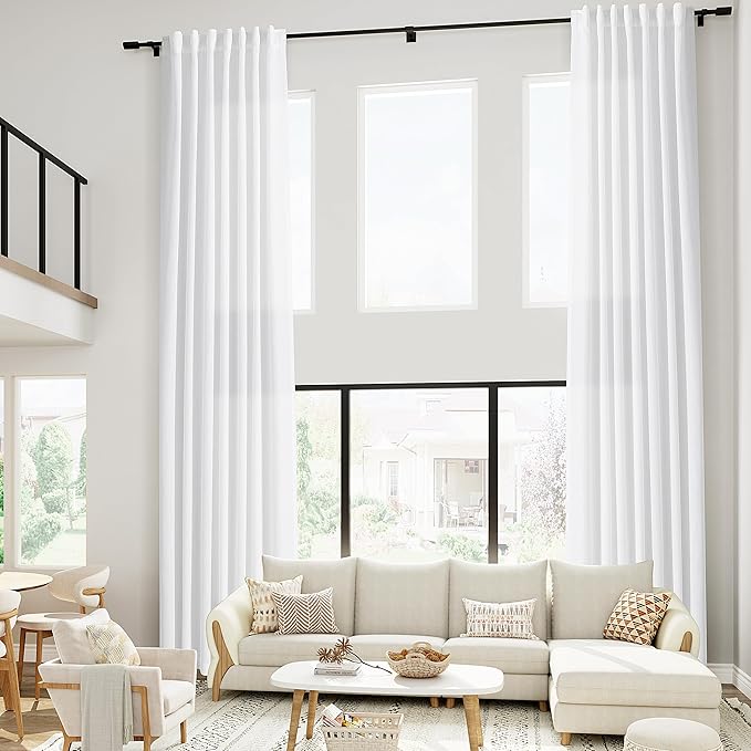 Nanspring White Linen Curtains 216 Inches Long for Living Room Extra Long Back Tab Curtains Farmhouse Light Filtering Semi Sheer Linen Drapes Ceiling to Floor for Large Window 2 Panels Set 52x216