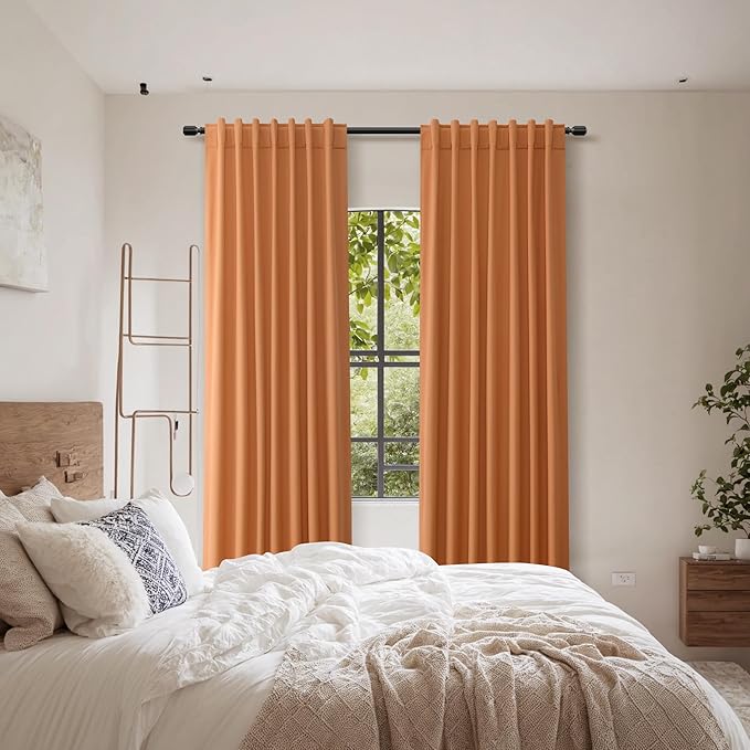 Guken Orange 100% Blackout Linen Curtains 102 Inch Length 2 Panels Set for Living Room Bedroom Back Tab Thermal Insulated 100% Black Out Drapes Room Darkening Farmhouse Window Curtains, 52x102