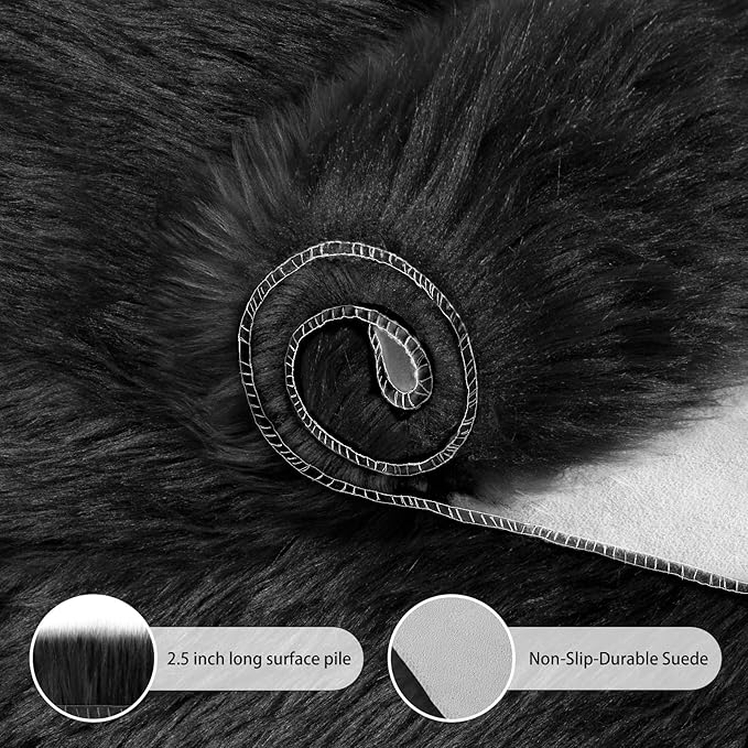 Ciicool Ultra Soft Faux Sheepskin Fur Rug Fluffy Rug for Bedroom Fuzzy Carpet for Living Room Kid's Room Nursery Decor, Black 2 x 6 Feet