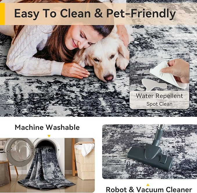Washable Area Rugs 4'x6' Non-Slip Modern Abstract Soft for Living Room Entryway Bedroom Nursery, Print Pattern, Black Navy Blue Gray