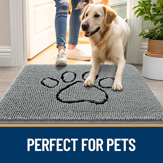 OLANLY Dog Door Mat for Muddy Paws 59x20, Paw Print Design, Absorbs Moisture and Dirt, Absorbent Non-Slip Washable Doormat, Quick Dry Chenille Mud Mat for Dogs, Entry Indoor Entryway Carpet, Grey