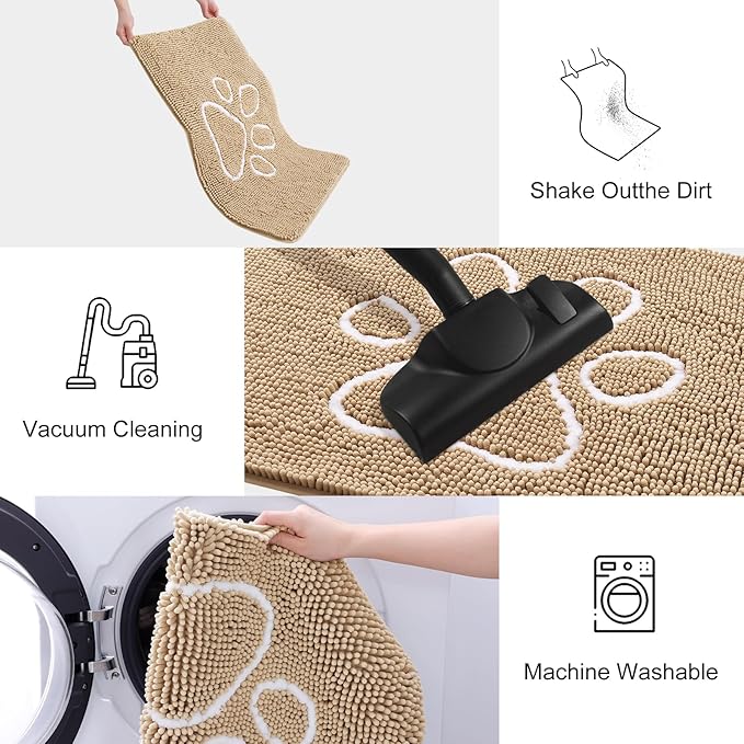 Smiry Dog Door Mat for Muddy Paws, Absorbent Dirt Trapper Non Slip Quick Dry Washable Chenille Mat for Mud Dogs, Entry Rug for Indoor and Outdoor (47x20 Inches, Beige and White)