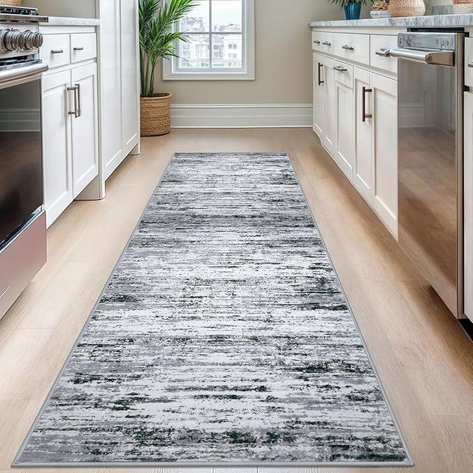 Lansny Modern Abstract Runner Rug 2.6x8, Black Grey White Washable Kitchen Runner Non-Slip Soft Hallway Rug Runner Thin Print Faux Wool Carpet for Entryway Bedroom Laundry Room Indoor Home Decor