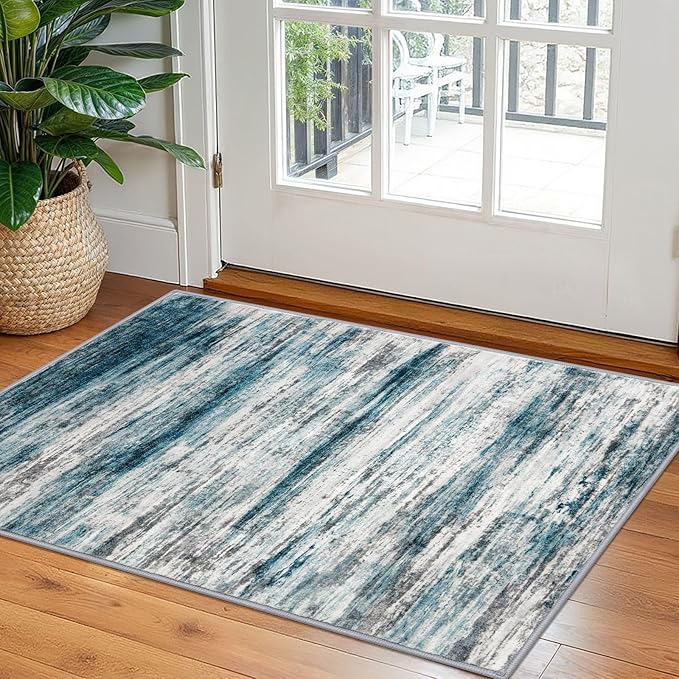 KOZYFLY Modern Abstract Small Area Rugs 2x3, Washable Kitchen Rug Non-Slip Soft Small Bathroom Rug, Blue Striped Entryway Rugs Print Faux Wool Doormat for Bedside Entrance Bedroom Sink