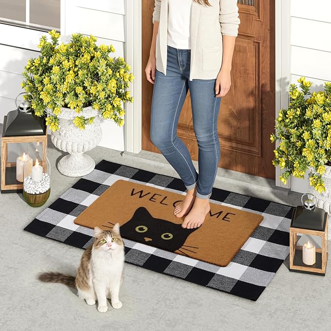 UINI Door Mat Combo Set, 28" x 43" Plaid Mat +17" x 30" Black Cat with Green Eyes Doormat, 2 PCS Welcome Mat Set for Front Door, Entrance, Porch Decor, Non-Slip