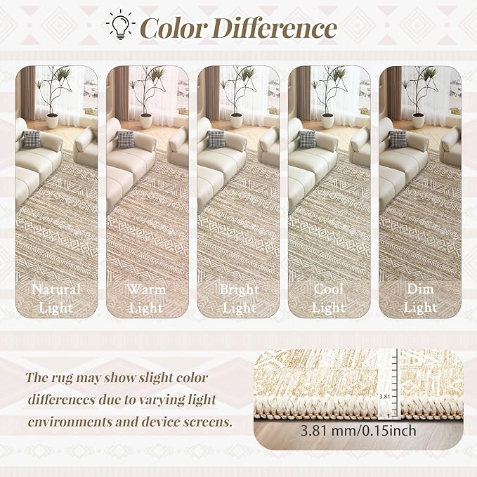 6x9 Area Rugs for Living Room: Washable Moroccan Geometric Boho Rug Farmhouse Non Slip Stain Resistant Large Rug Low Pile Soft Carpet for Bedroom Dining Room Home Office Kids Room (Light Brown,6'x9')