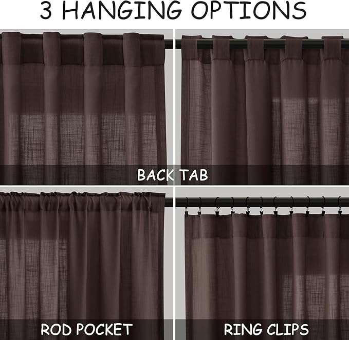 Coffee Linen Semi Sheer Curtains 120 Inches Long 2 Panels Set Back Tab Loop Pocket Linen Blend Boho Large Window Curtain Extra Long Light Filtering Drapes High Ceiling Curtains for Living Room 52x120