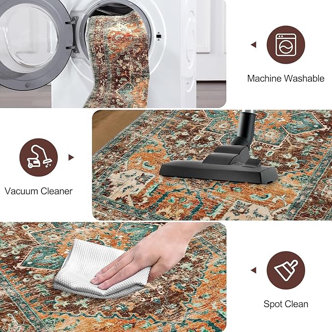 Yamaziot 6FT Round Washable Area Rug, Non-Slip Boho Circle Rugs with Rubber Backing, Low Pile Faux Wool Soft Distressed Floor Carpet for Nursery Living Room Home Office