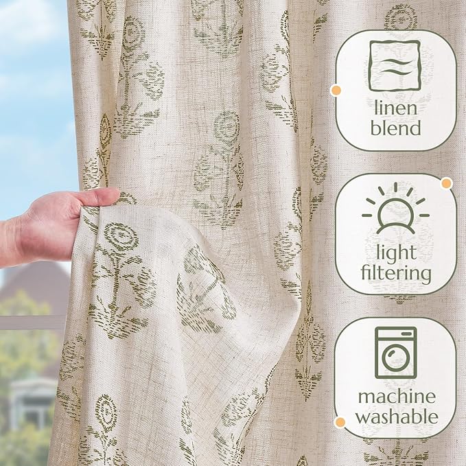 jinchan Linen Floral Curtains for Living Room 84 Inch Length Green Flower Cottage Core Farmhouse Curtains Rod Pocket Back Tab Boho Semi Sheer Window Drapes Bedroom Set 2 Panels Green on Beige